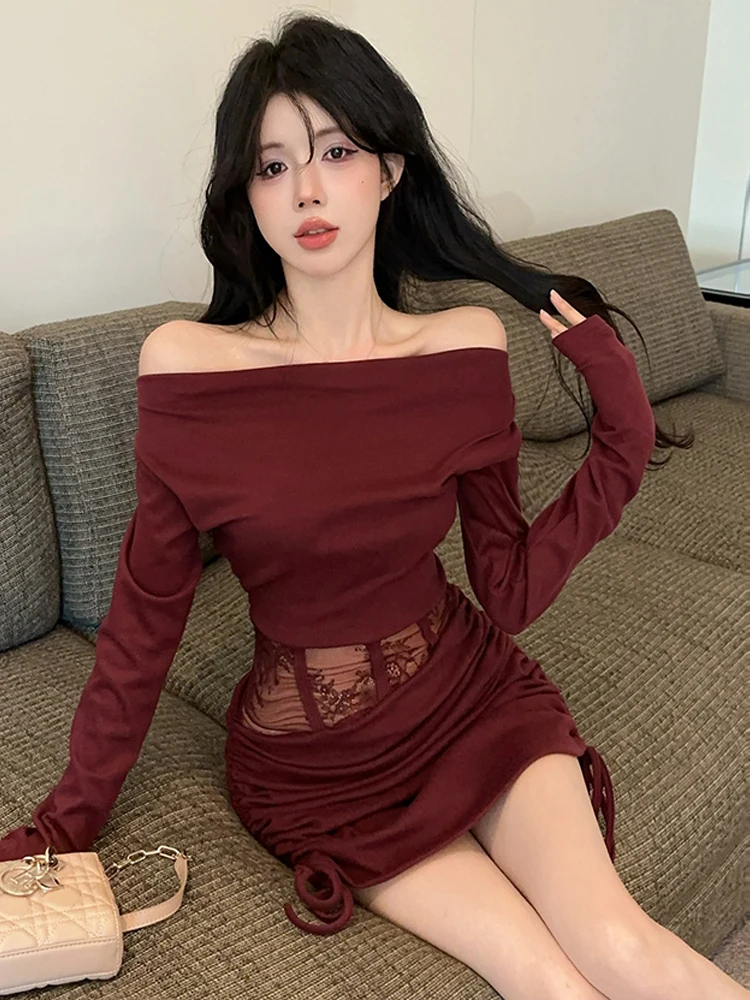 Sexy Mesh Waistless Shoulder Sheer Boned Panel Mini Dresses Women's Autumn Y2K New Slimming High Waist Drawstring Bodycon Dress