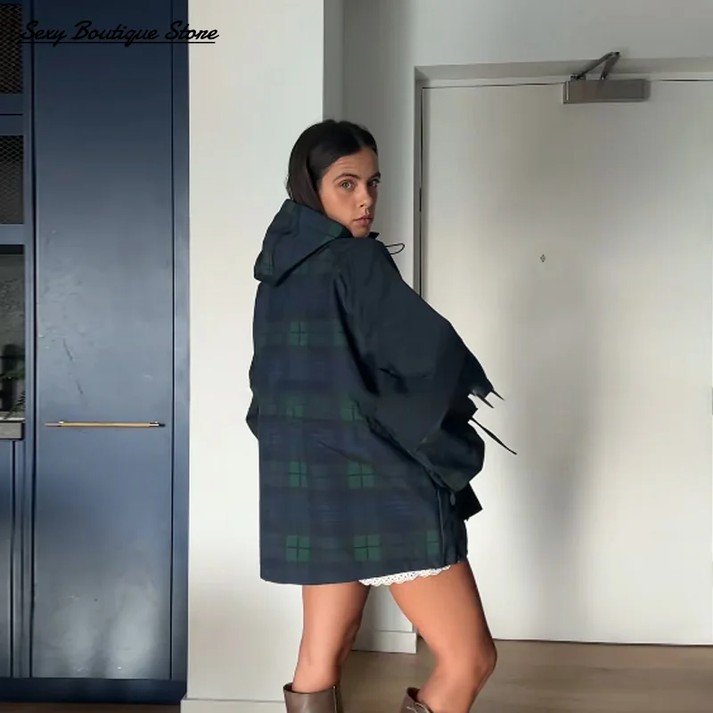 Autumn Winter Vintage Plaid Oversize Jacket For Women Loose High Neck Loose Hoodie Coat Lace Up Outwear 2025 New Lady Streetwear gallery 5