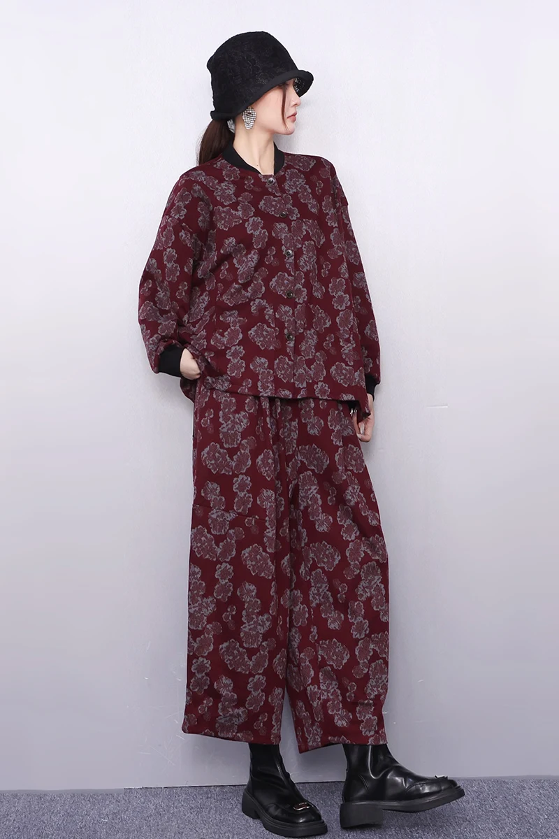 

2025 Autumn Elegant Fashion Set Women Retro Loose Printed Top Wide Leg Pants Two-piece Set J2050