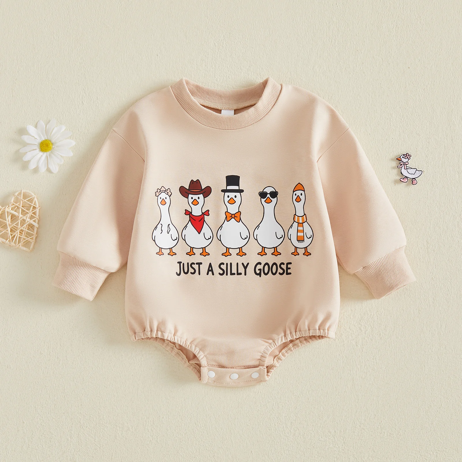Baby Boy Sweatshirt Romper Goose Print Crew Neck Long Sleeve Bodysuits Cute Baby Fall Clothes