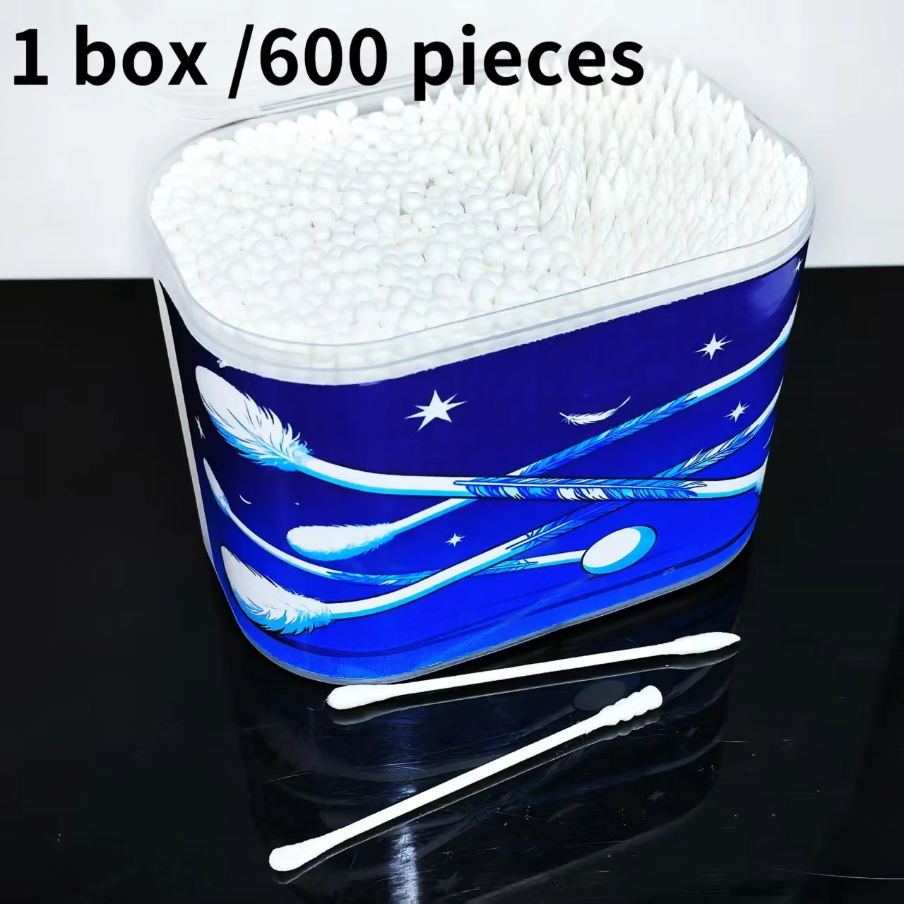 600 pieces of blue feather-patterned cotton swabs, double-headed cotton swabs, fine-axis cotton swabs, gift cotton swabs