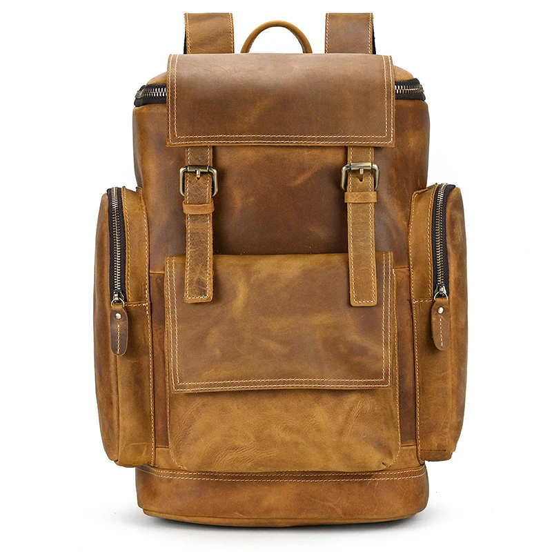 Male Leather Backpack  Top Layer Cowhide Leather Double Shoulder Bag Retro Stylish Business Men's Laptop Backpack 15.6