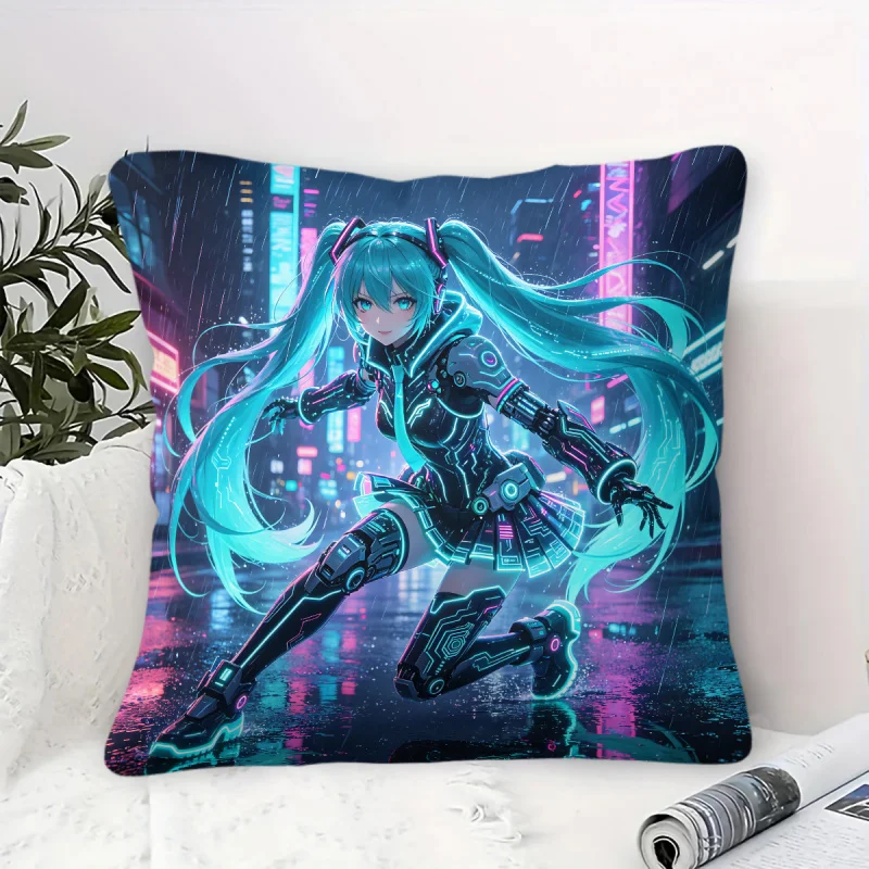 Hatsune Miku Cyberpunk Style Throw Pillow Anime Futuristic Cushion for Gaming Room Teens Room Sofa Bedroom Decor Gift for Fans