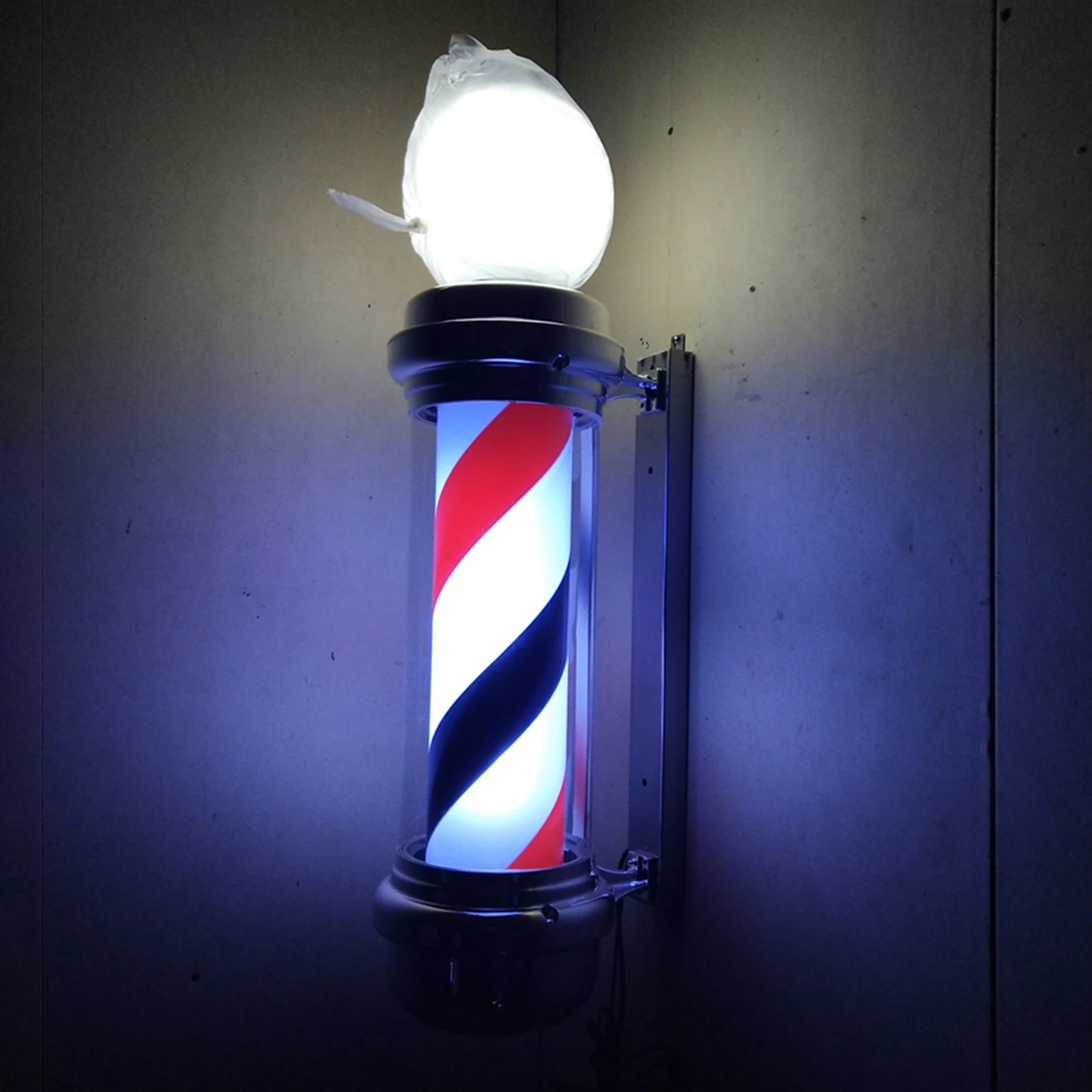 

Barber Pole LED Light Rotating Hair Salon Shop Sign Light Wall Mounted Stripes with Ball for Outdoor Hairdressing