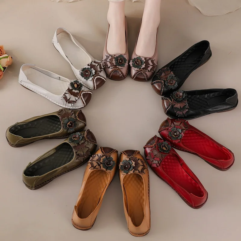 

New Anti-kick Cow Leather Ballet Flats Women's Floral Appliqué Driving Moccasins Woman Vintage Handmake Shallow Slip On Shoes