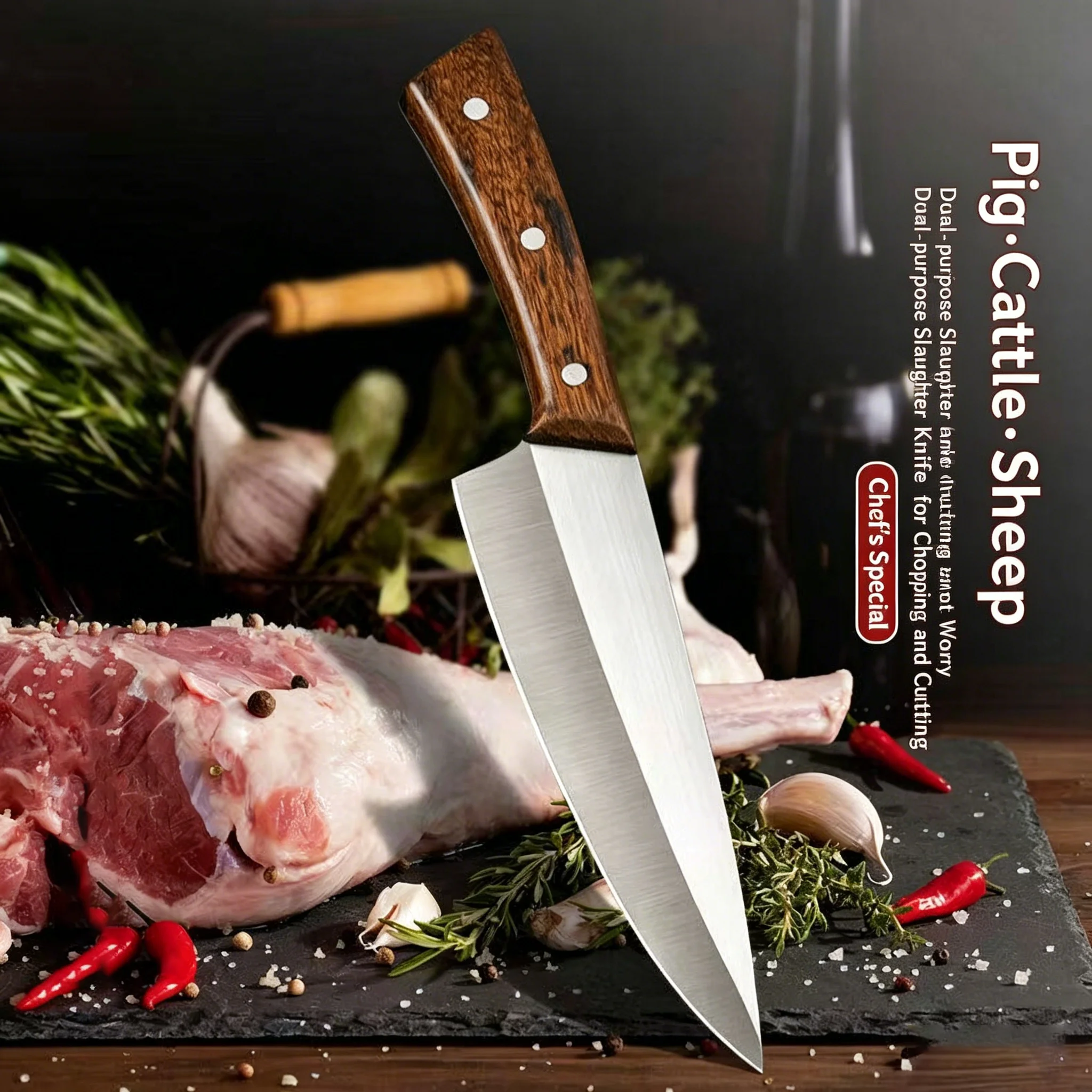1 piece of kitchen slaughtering knife for pigs, cows and sheep, sharp kitchen knife, knife with wooden handle for bone removal
