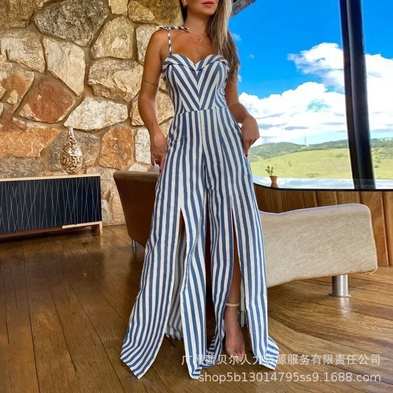 

Fashion Womens Rompers Lace Up Slit Striped Jumpsuit Women