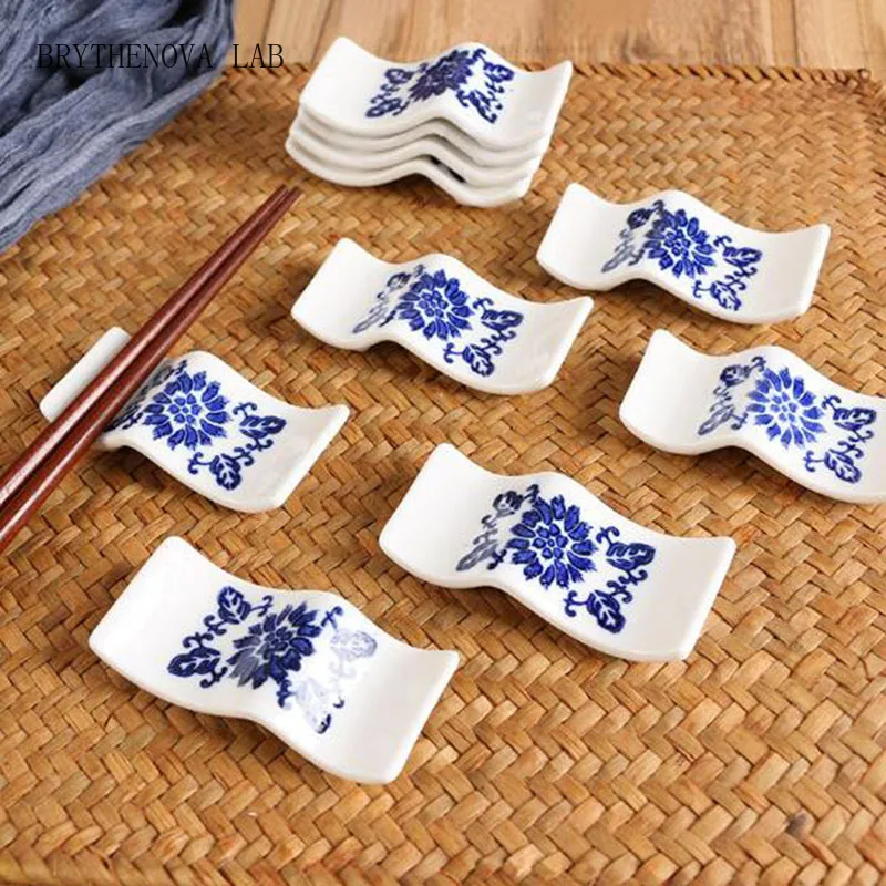 10Pcs /Set Ceramic Chopstick Holder Blue and White Porcelain Rest Chopstick Rack Fork Spatula Rack Shelf Kitchen Utensil