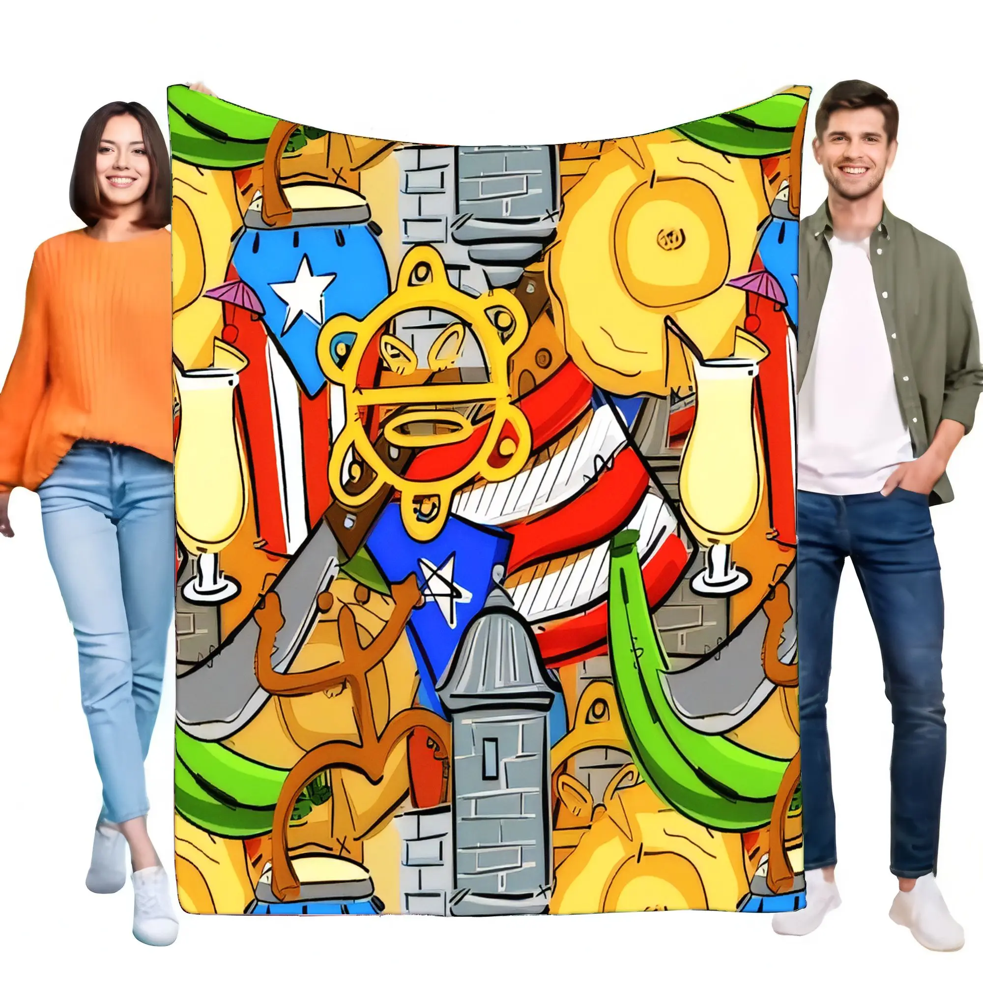 Vibrant Boricua Puerto Rico Flag Blanket Taino Sun Coqui El Morro Soft Cozy Flannel Throw Bed Sofa Caribbean Gift