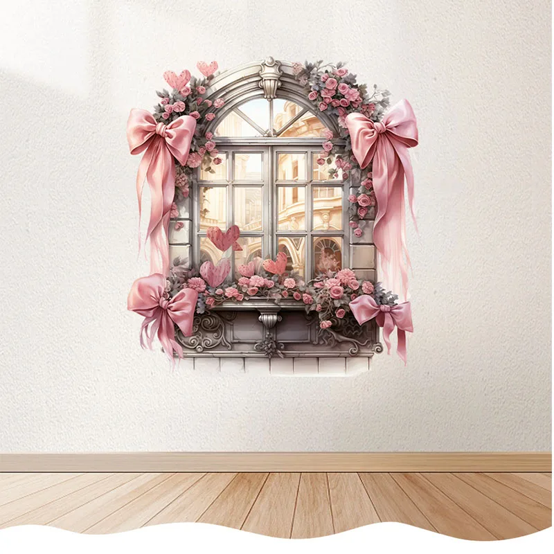 Pink Dream Castle Fake Window Series Sticker Bedroom and Living Room Decoration Self Adhesive Painting