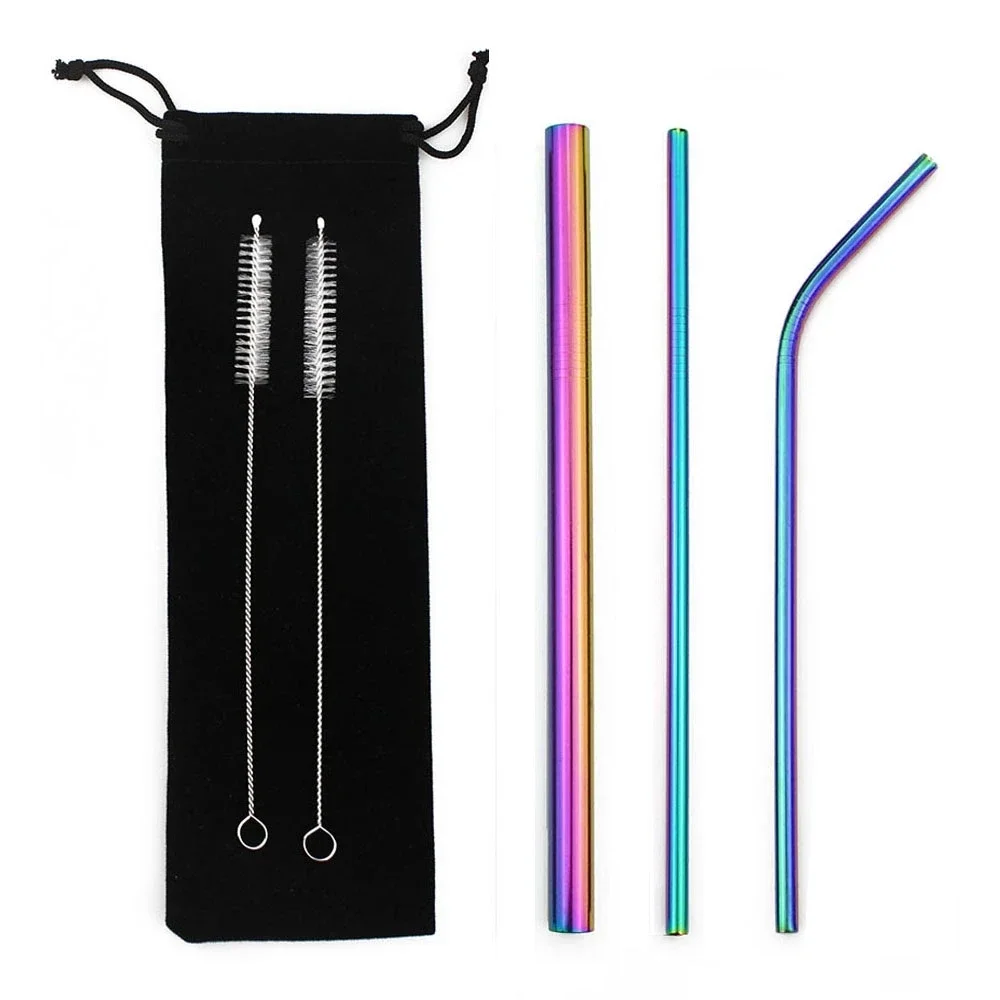 304 stainless steel Straw Reusable Straws for Beer Fruit Juice Drink Stainless Steel Metal Straws + Brush+Bag Bar Accessories