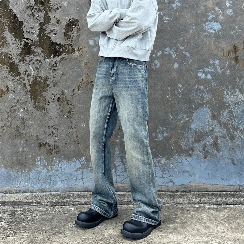 

American New Style Retro Washed and Distressed Flared Jeans, Fashionable and Versatile Straight Tube Trousers for Men.