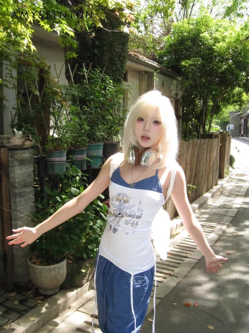 

2025 New Japanese Summer Original Design Blue Plaid Splicing Low Pixel Printing Y2k Neck Sling For Female