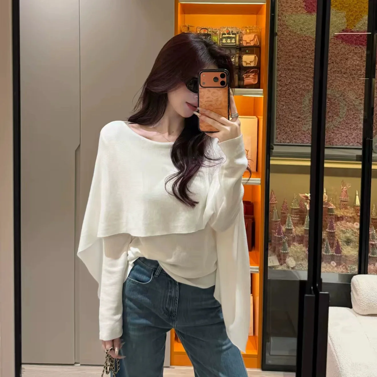 Women Off Shoulder Knit Top 2026 Autumn Winter New Long Sleeve Solid Color Loose Oversize Pullover Cape Poncho Style