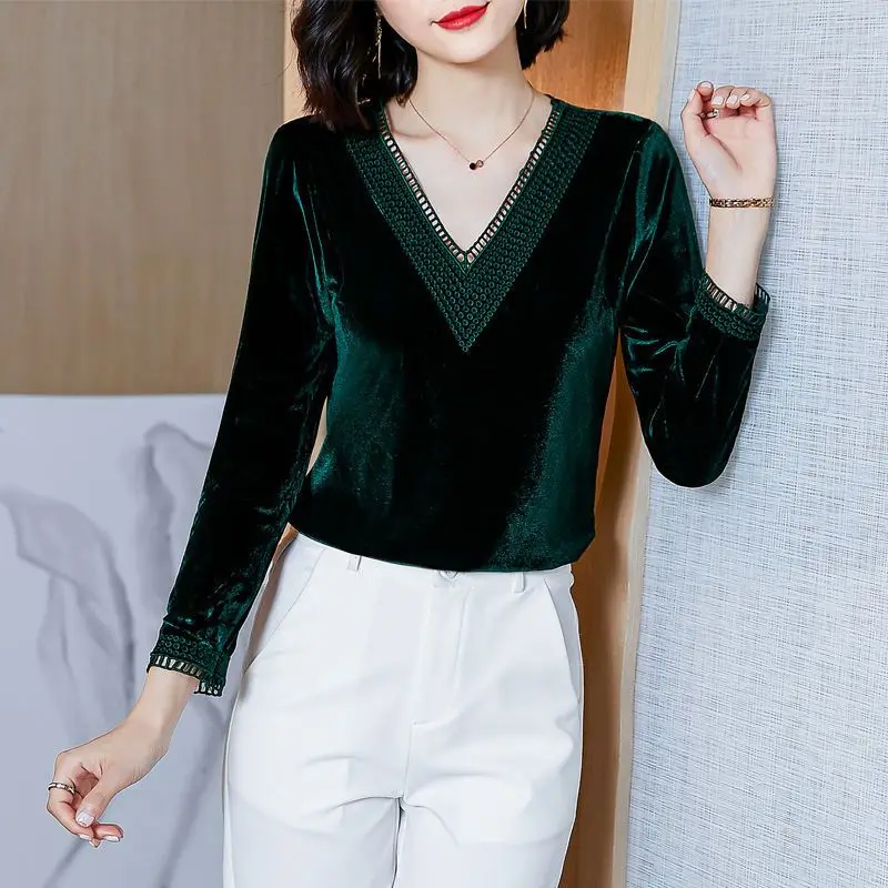 Golden Velvet V-Neck Top Autumn/Winter New T-shirt Fashion Solid Color Long Sleeve Bottoming Shirt M-4XL