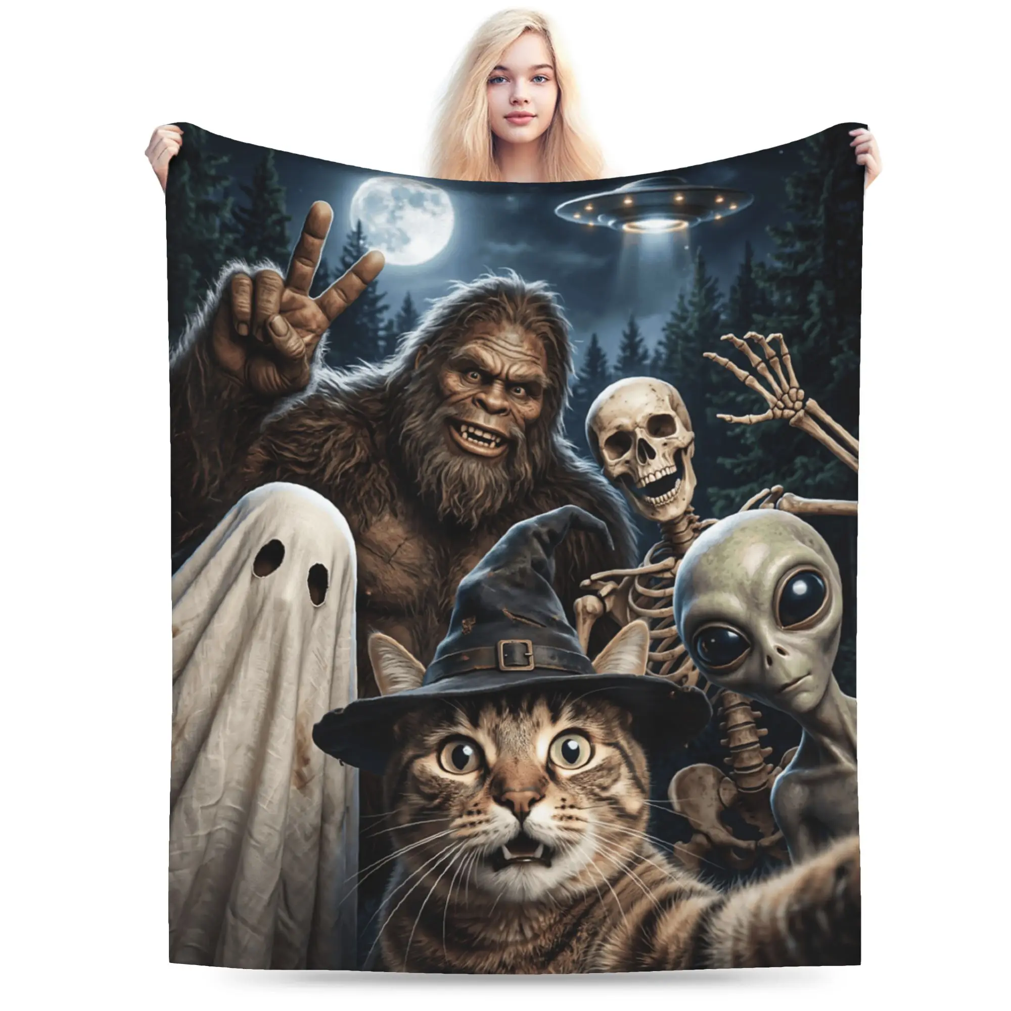 Funny Halloween Cat Selfie Super Soft Blanket  Trend Plane Travel Throw Blanket Couch Bed Flannel Bedspread Sofa Bed Cover