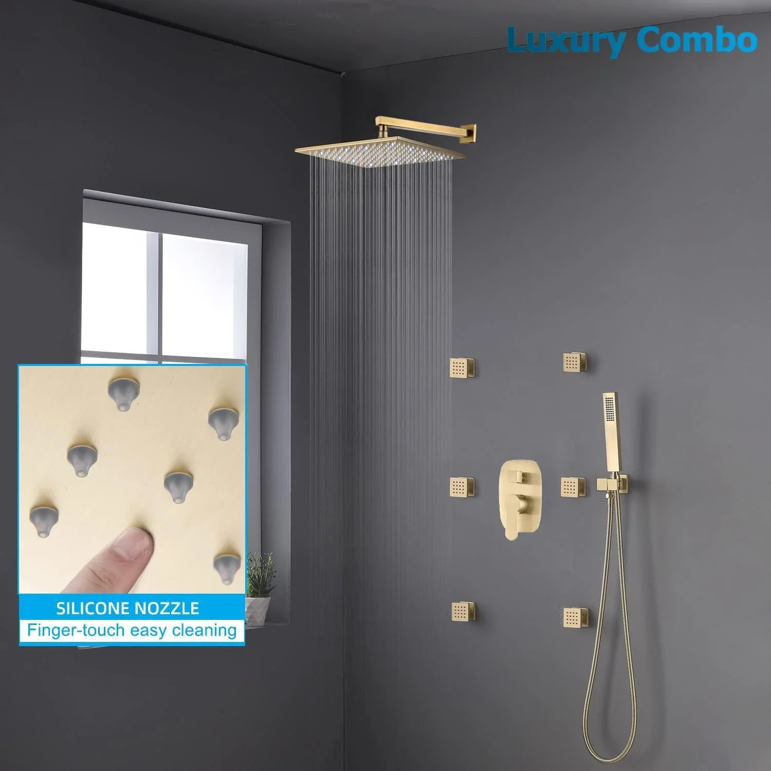 Shower System 12 Inch LED Square Rainfall Shower Head Bathroom Brushed Gold Brass Wall Mounted Shower Set