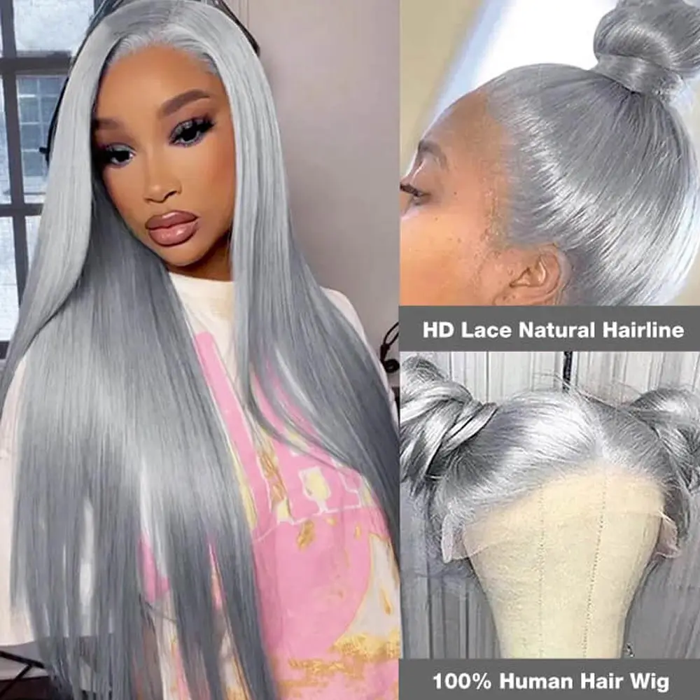 13X4 Straight Hd Lace Frontal Wig Silver Grey Straight  Lace Front Wig Remy Brazilian Bone Straight Human Hair Wigs For Women