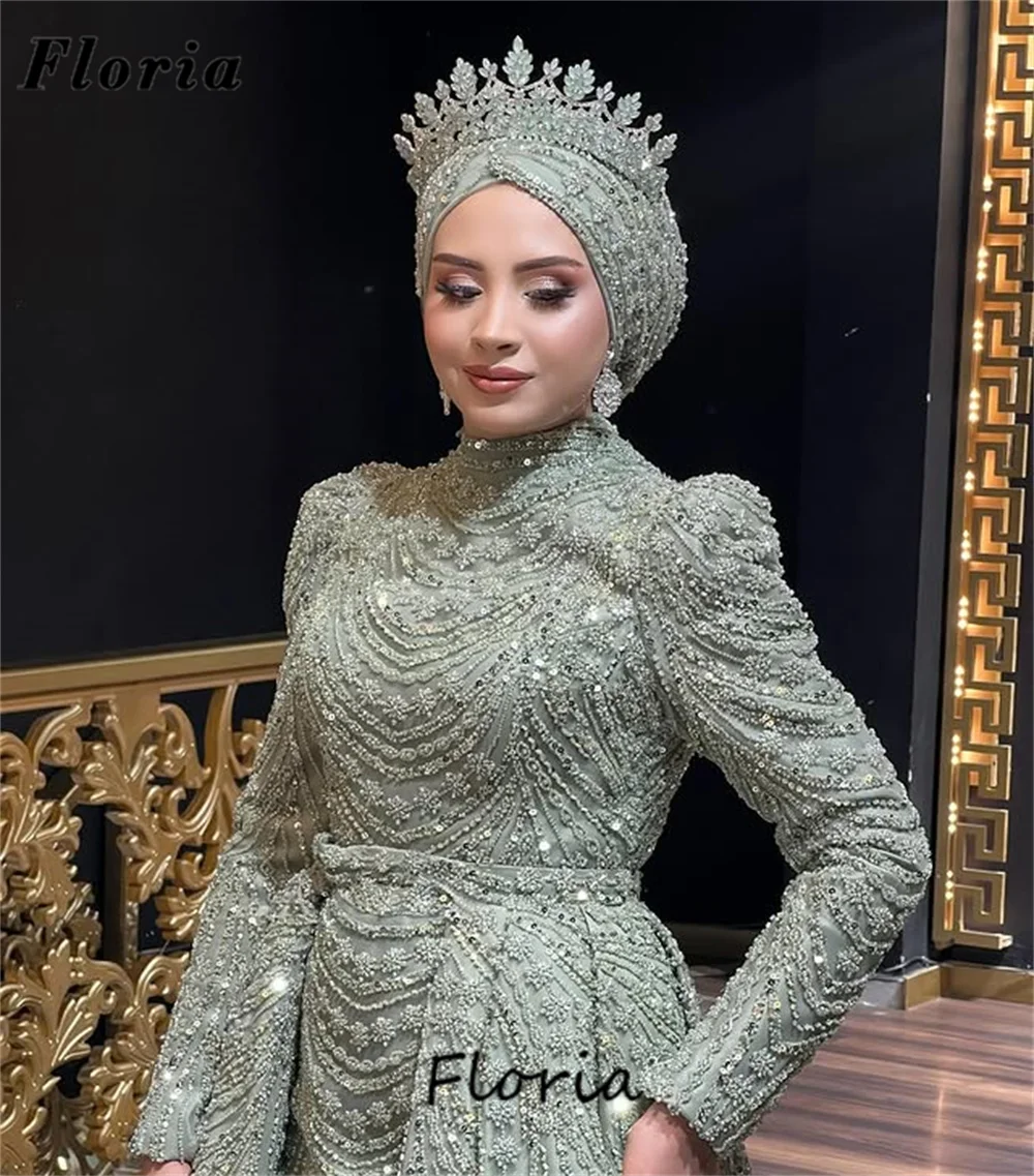 Maßgeschneiderte grüne Abendkleider mit vollen Ärmeln und abnehmbarem Rock, Geburtstagsparty-Kleider, Abendkleid für den Nahen Osten, Cocktailkleider