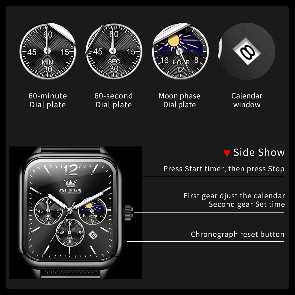 OLEVS 9914 Business Quartz Watch For Men Chronograph Moon Phase Hand Clock Original Waterproof Luminous Top Brand Man Watches