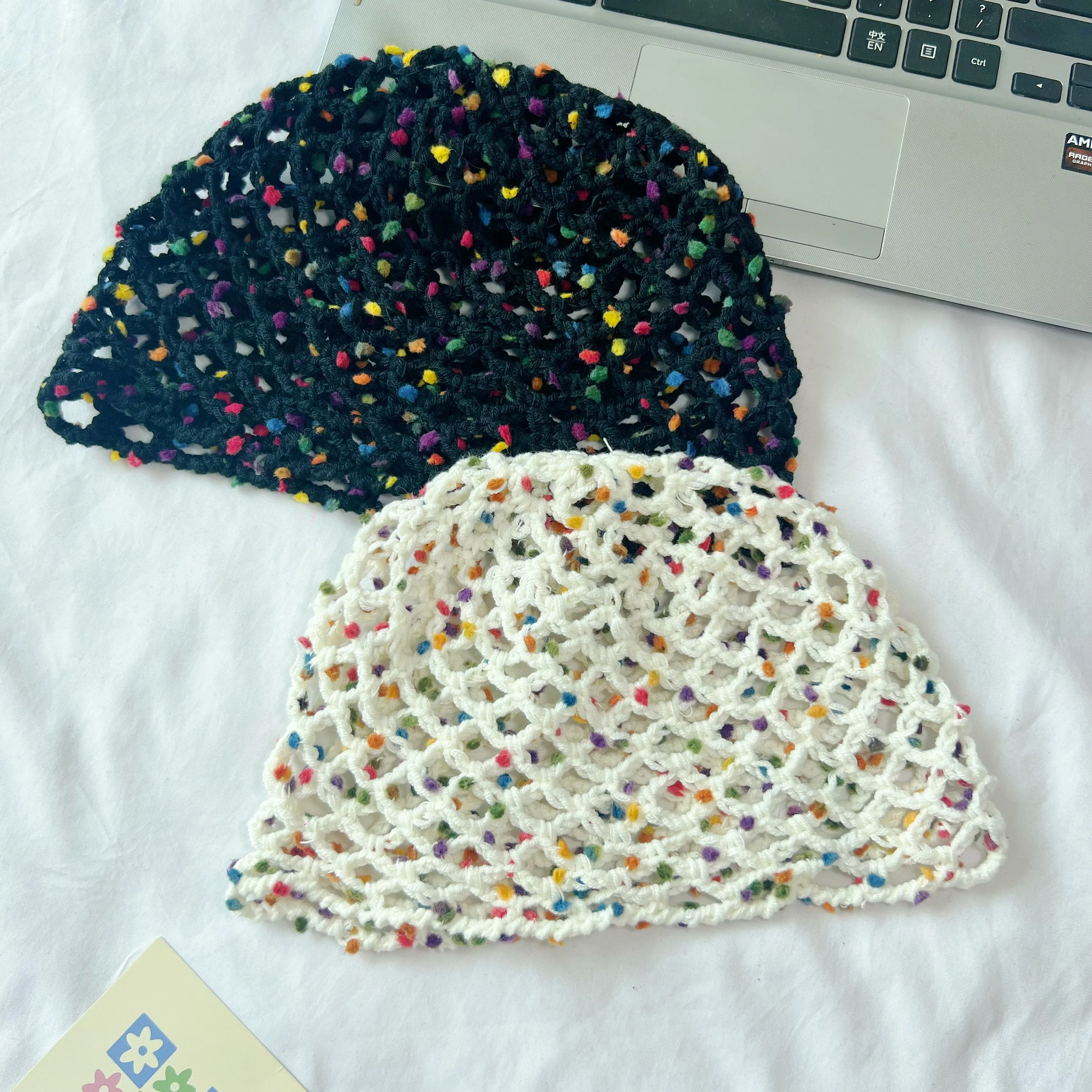 Hand-knitted hat openwork fishing net for women ,versatile candy-colored dotted yarn knit cap