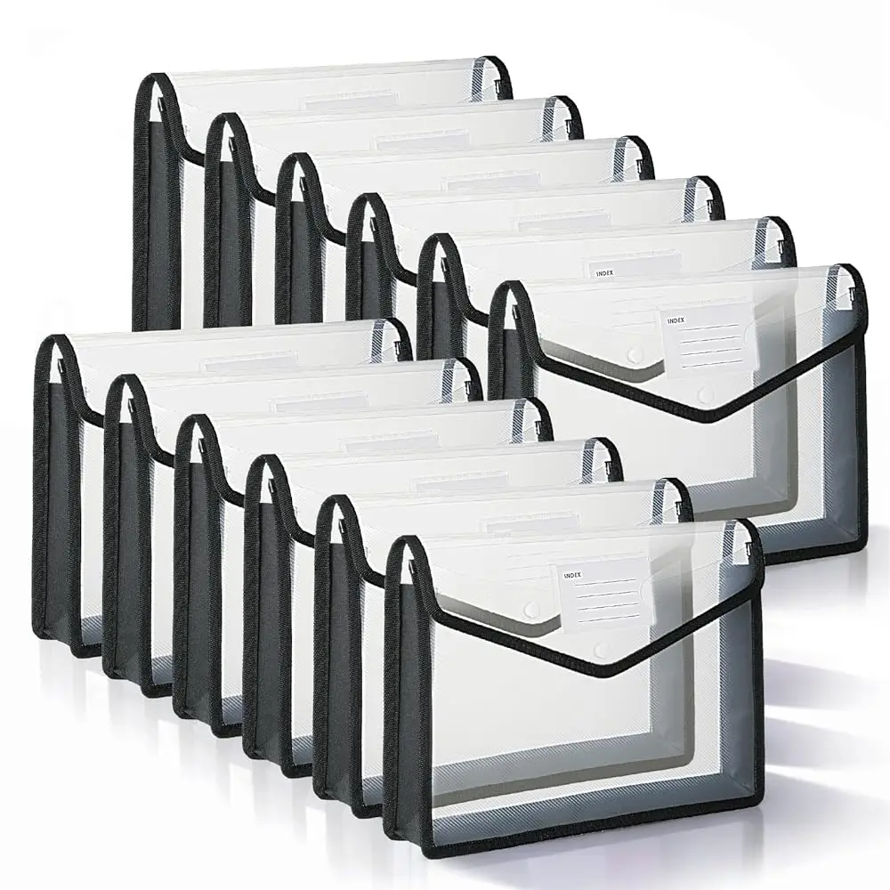 

12 Pack Plastic Expanding File Folder, Folders for Documents with Snap Closure, Transparent Accordion File Pouch, A4 Letter S