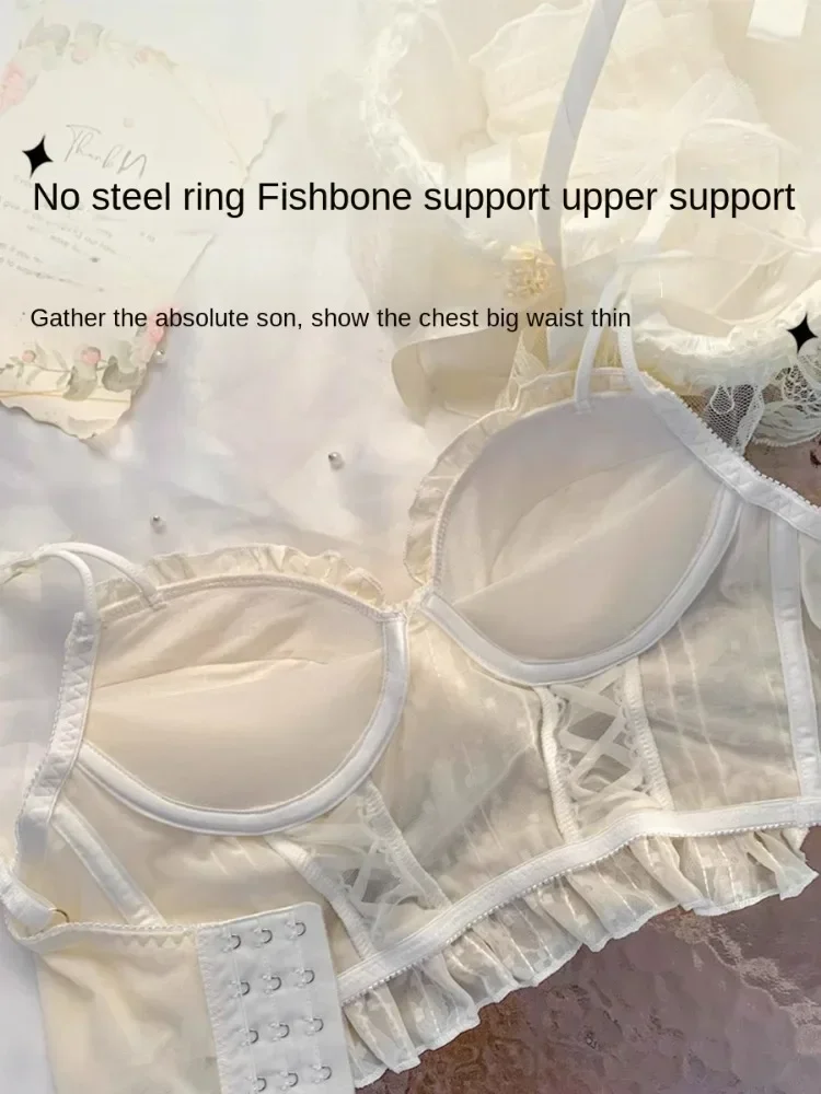 MOYISU【Seno】 Reggiseno dolce giapponese in pizzo Sexy Puro desiderio Piccolo petto Mostra grande biancheria intima push-up Cinturino incrociato femminile