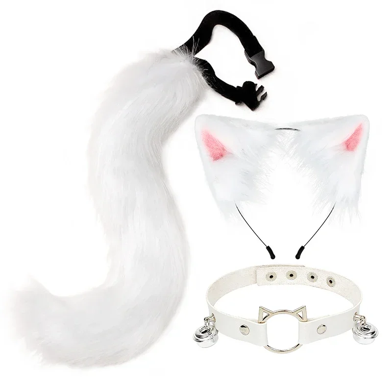 Halloween Party Dress Up Fluffy Cute Cat Ears Headband Furry Ears Hair Hoop Necklace Tail Set Leather Small Bell 3pcs For