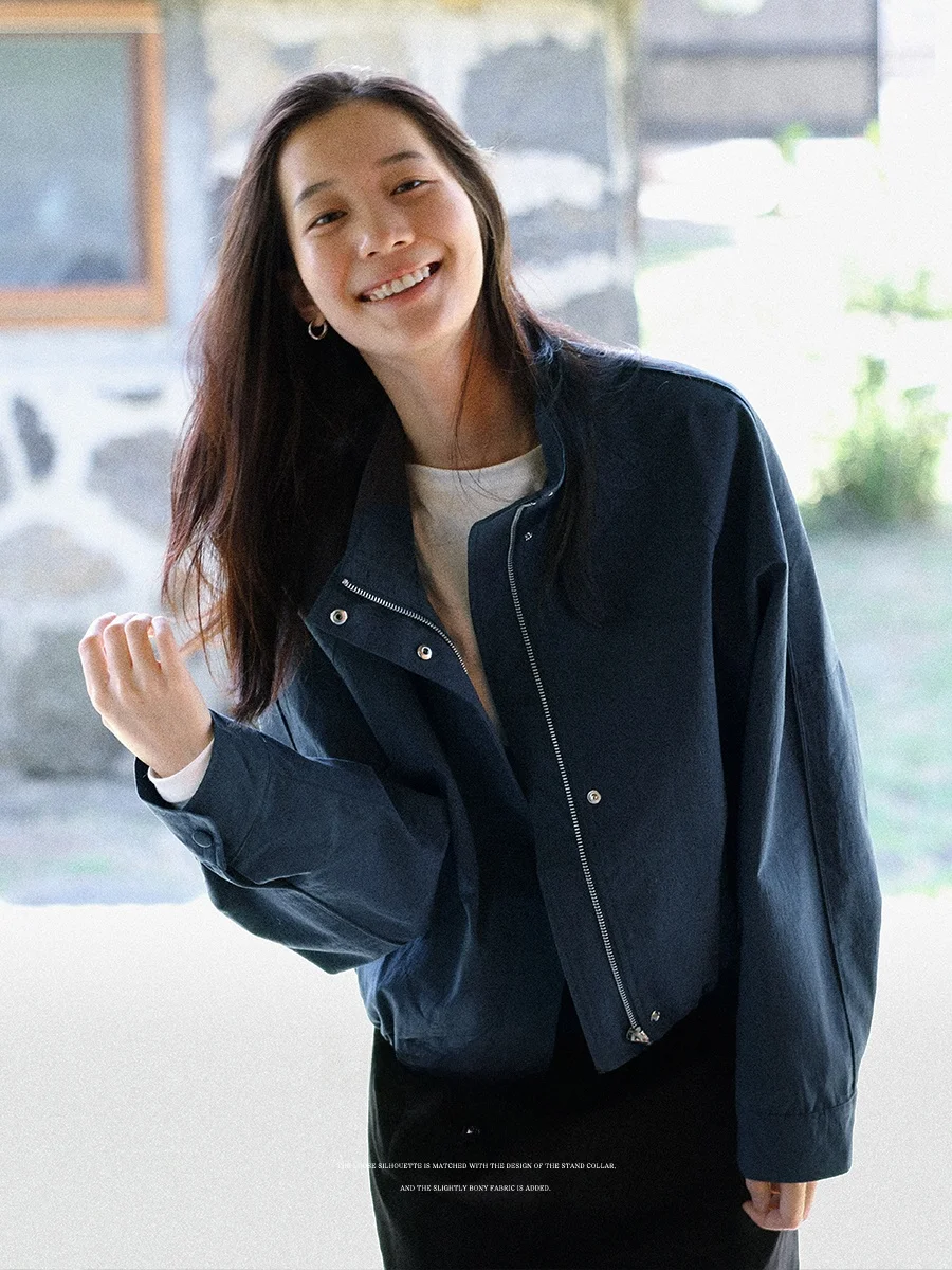 

Повседневная свободная куртка Lalaglow для женщин, синяя верхняя одежда, универсальное пальто из смесовой ткани (полиэстер, хлопок, нейлон)