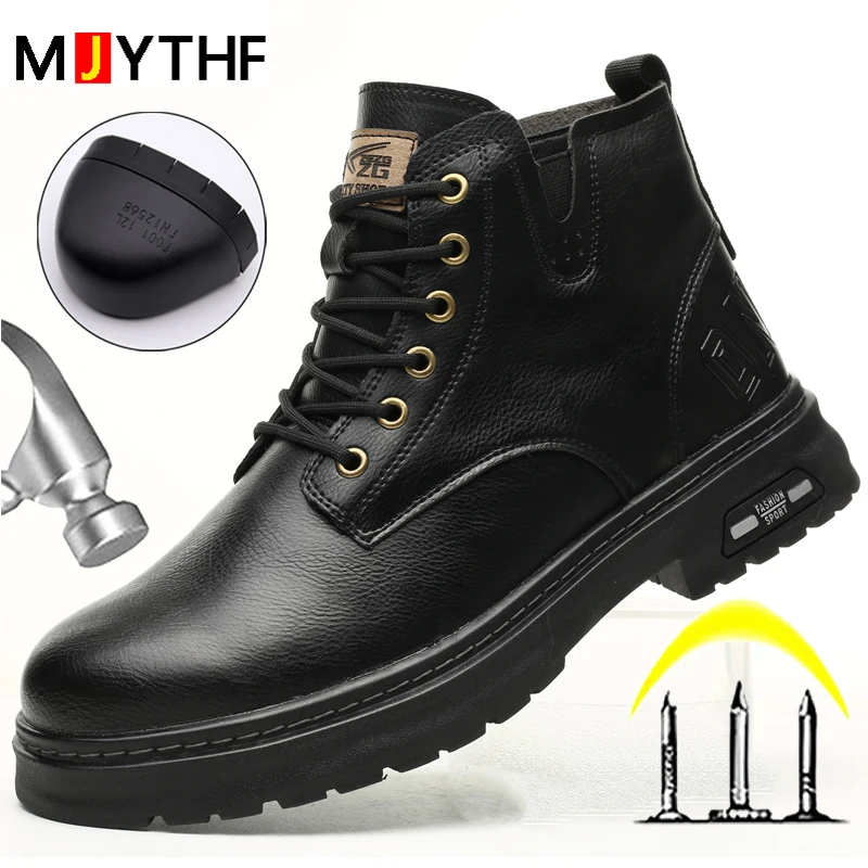 Waterproof Leather Boots Safety Shoes Men Steel Toe Boots Side Zipper Work Shoes Puncture-Proof Indestructible Shoes Protective