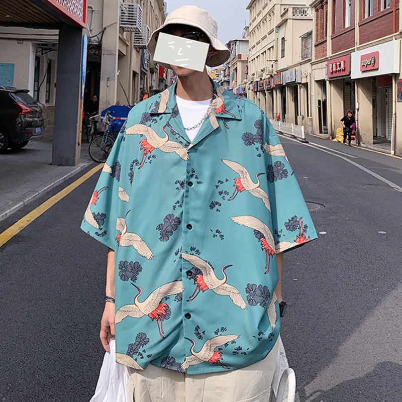 

Vintage Mens Short Sleeve Shirt Summer Casual Chinese Crane Print Beach Shirts Male Daily Casual Loose Tops All-Match Clothes