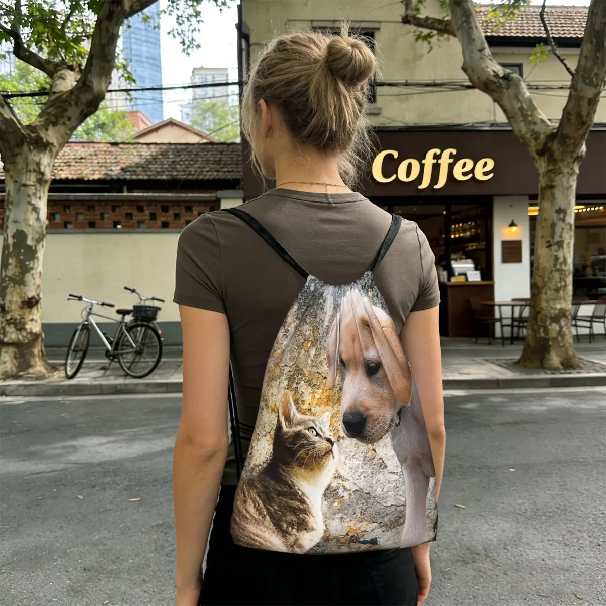 Adorable Dog Puppy And Kitten Friends Backpacks Multi-function Drawstring Bags Shoes Bag Book Bags for Man Woman School
