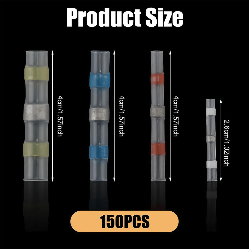 150pcs Solder Seal Wire Connectors Heat Shrink Tubing Butt Wire Connectors Kit Splices Insulated Electrical Wire Terminals Kit