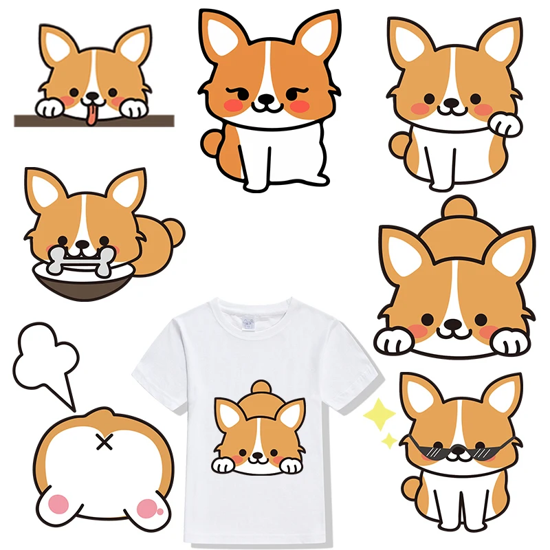 Cartoon Animal Heat Transfer Cute Dog Iron Patches DIY Kids Clothing T-Shirt Head Decor Vinyl Harajuku Shiba Inu Sticker