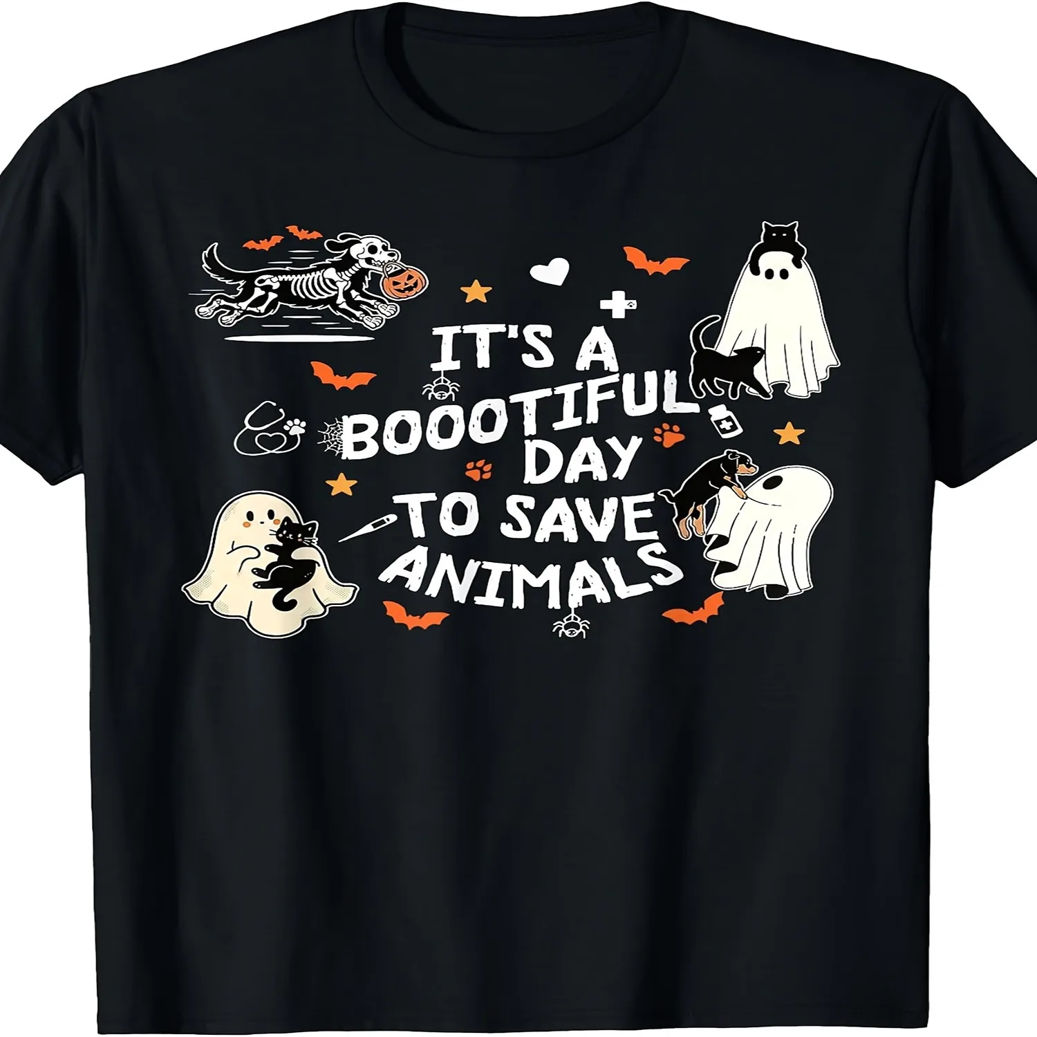 Vet Tech Med Halloween It'S a Bootiful Day to Save Animals T-Shirt Retro Casual Crew Neck Printed T-Shirt Short Sleeve T Shirt, Birthday Gift Tee