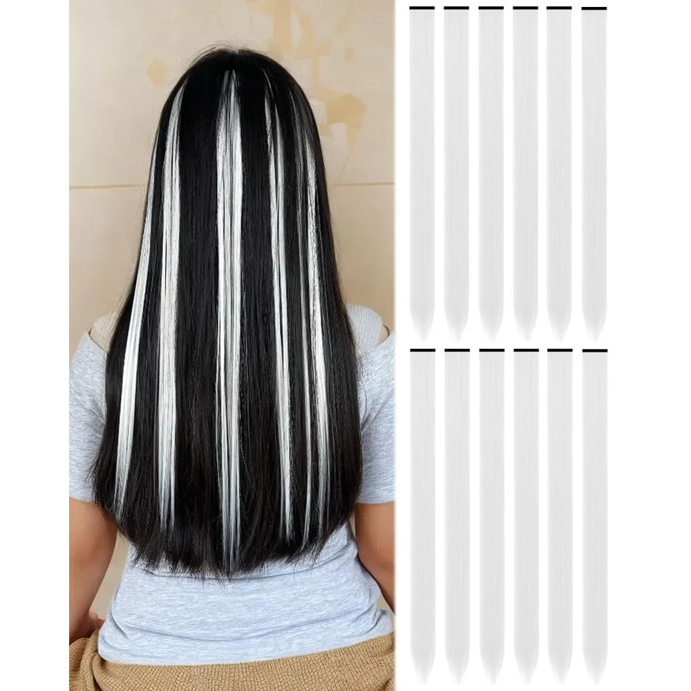 22 Inch Clip in Hair Extensions Synthetic 12 Pieces Set Long White Colored Hair Extensions for Women Clip in Hair Highlights for Party Halloween Costume Wig Heat Resistant Hairpiece for Cosplay