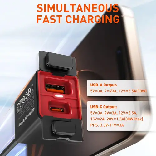 Imagen 2 del producto Cargador rápido Usb C Premium para motocicleta Pd + qc3.0 60w cargador 12v/24v teléfono adaptador C montado en vehículo tipo celda impermeable Soc A0a9