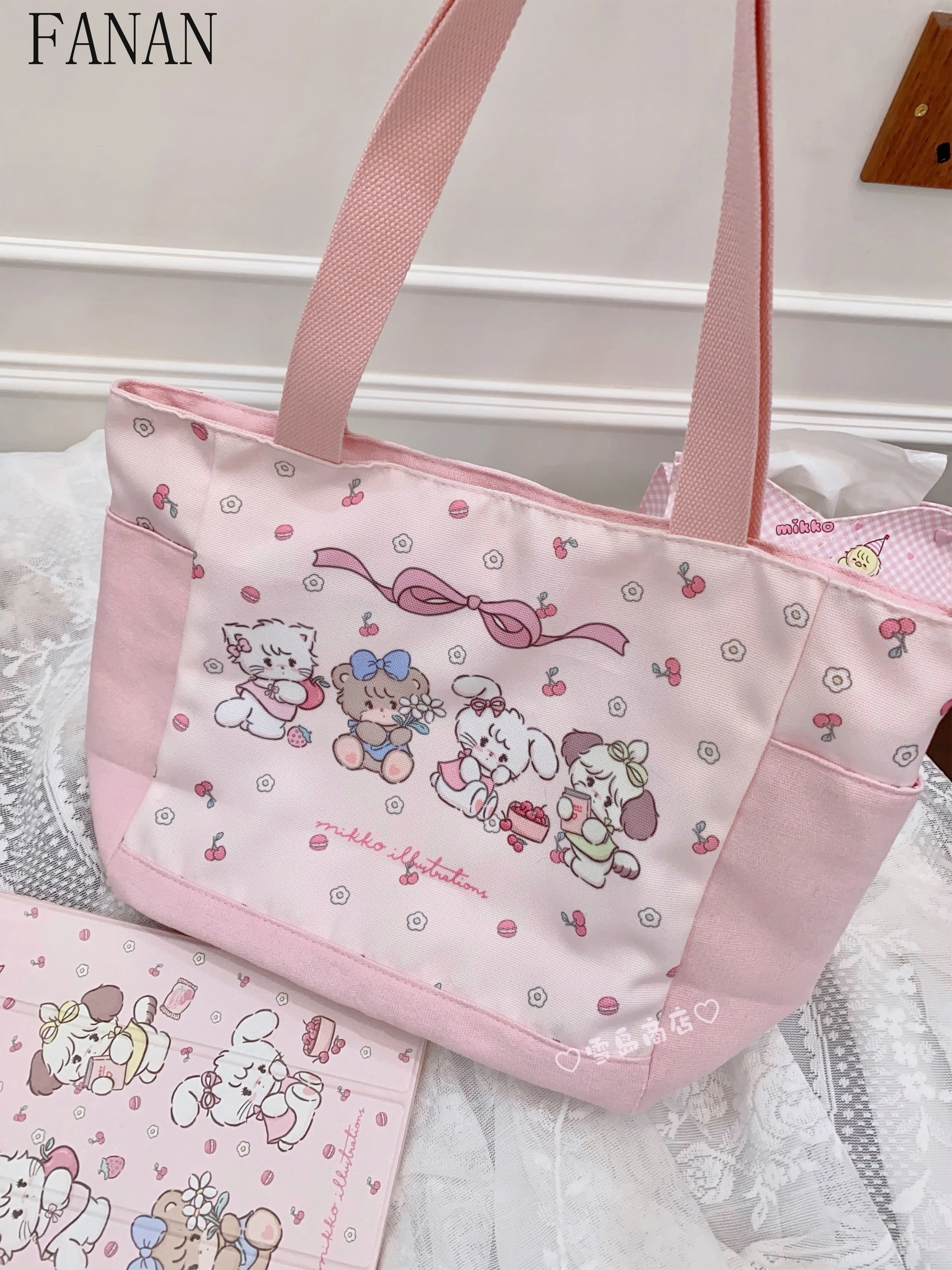 

Summer Top-Handle Canvas Bag Cute Women's Casual Handbags Large Capacity Tote Commuting Hand-held Shoulder Bags Student