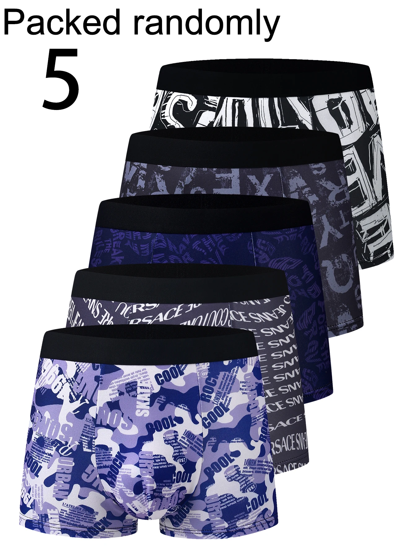 

Набор из 5 мужских модных боксеров с принтом, из приятной для кожи ткани, с индивидуальным камуфляжным узором и надписями, средней посадки, комфортные