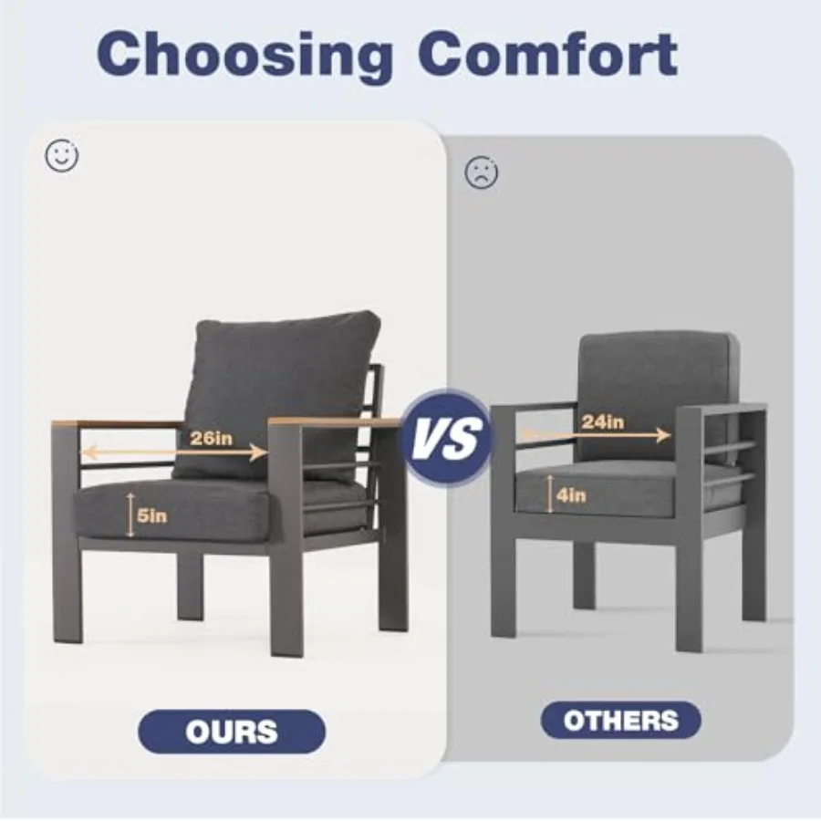Aluminum Patio Furniture Set for Porch Balcony Deck, Silver Aluminum with Gray Washable Thick Cushions, Rust-Resistant Lightwei