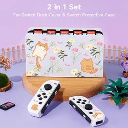 2 Pcs Orange Cat and Flower  Theme Pattern Protective Case with Base Cover Set for Switch OLED/Switch NS, Can Store 5 Game Cards