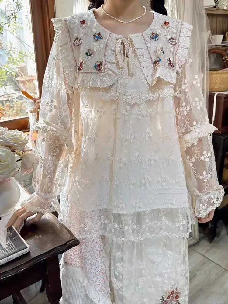 

Винтажная кружевная блузка с вышивкой, омолаживающая, милая, в стиле кукольного образа, из хлопка, для женщин