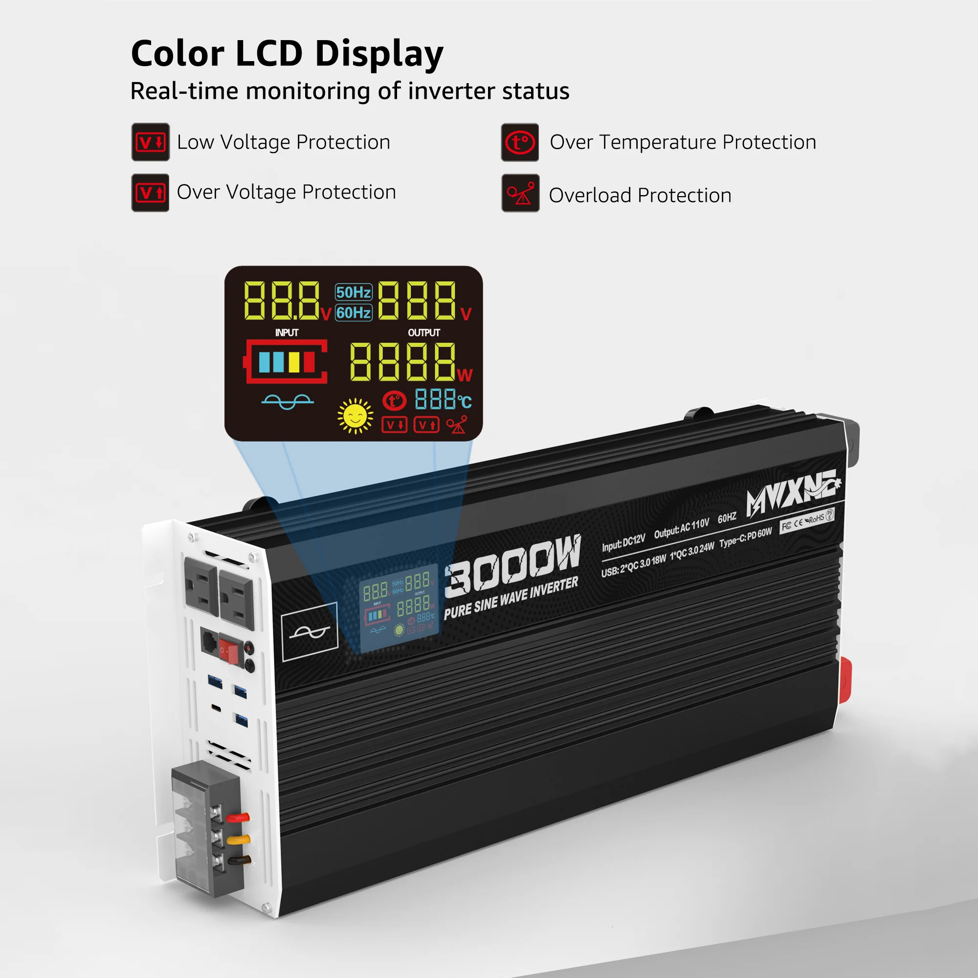 Us Warehouse 3000w Power Inverter Dc 12v 24v 48v to Ac 110v 120v 220v 230v Pure Sine Wave Inverter Peak 6000w