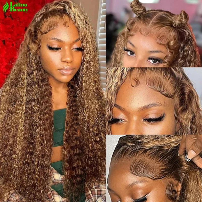 Highlight Wig Human Hair Water Deep Wave Frontal Wig Blonde Honey Brown Curly Human Hair Wigs Colored  lace front wig