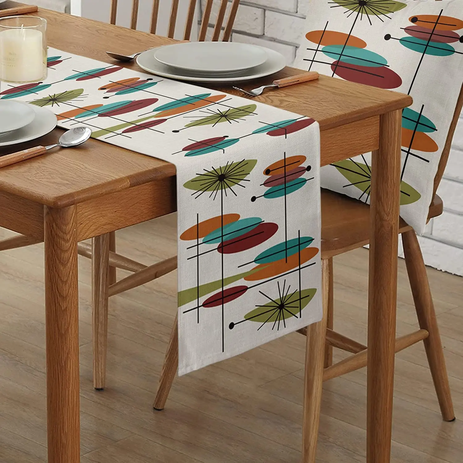 Abstract Retro Modern Mid Century Linen Table Runners Kitchen Table Decor Indoor Dining Table Runners Holiday Party Decorations