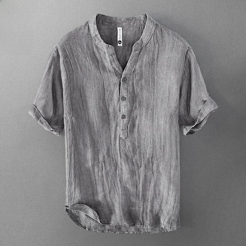 Loose Cotton Linen Short Sleeve Shirt Men's Casual Artistic Youth Summer Breathable Thin Cotton Linen Stand Collar T-Shirt