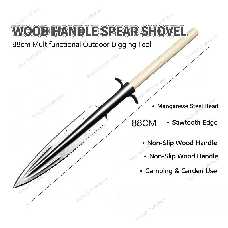 For 88cm Wood Handle Outdoor Spade Multifunctional Manganese Steel Sawtooth Garden Camping Digging Hand Tool
