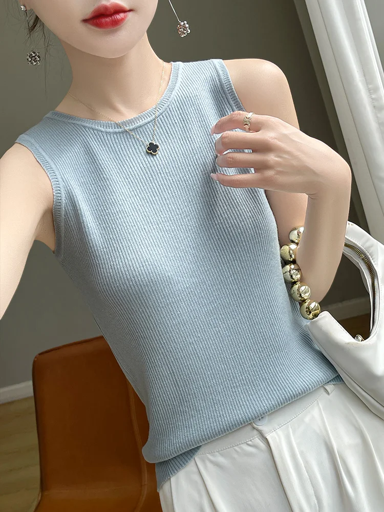 Camiseta sin mangas de punto de lana ajustada para mujer, chaleco con capa Base, correa redonda Ne, novedad de verano, ropa interior Sle Faionable