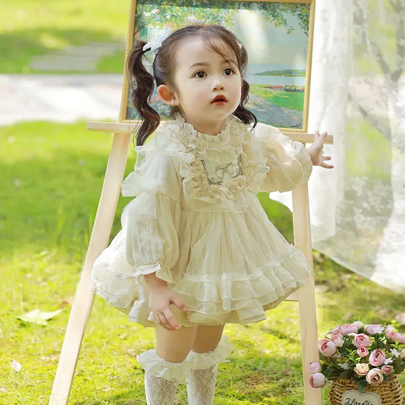 Spring Autumn Spanish Vintage Royal Palace Princess Lace Gauze Dress Girl Kawaii Lolita Clothes Elegant Party Evening Tulle Lace