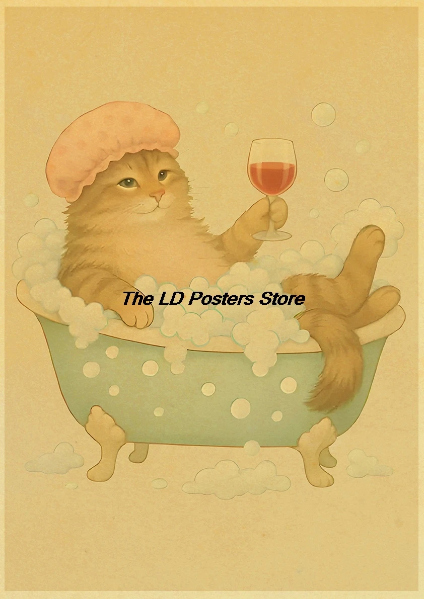 Cute Animal Bubble Bath Poster Kraft Paper Print Home Decoration Minimalist Style Cafe Gift Living Room Bedroom Painting